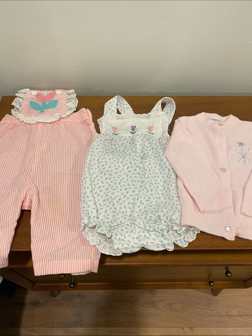 Baby Girls Pink Cardigan, Pink Striped Overalls & Floral Romper 

3-6months
